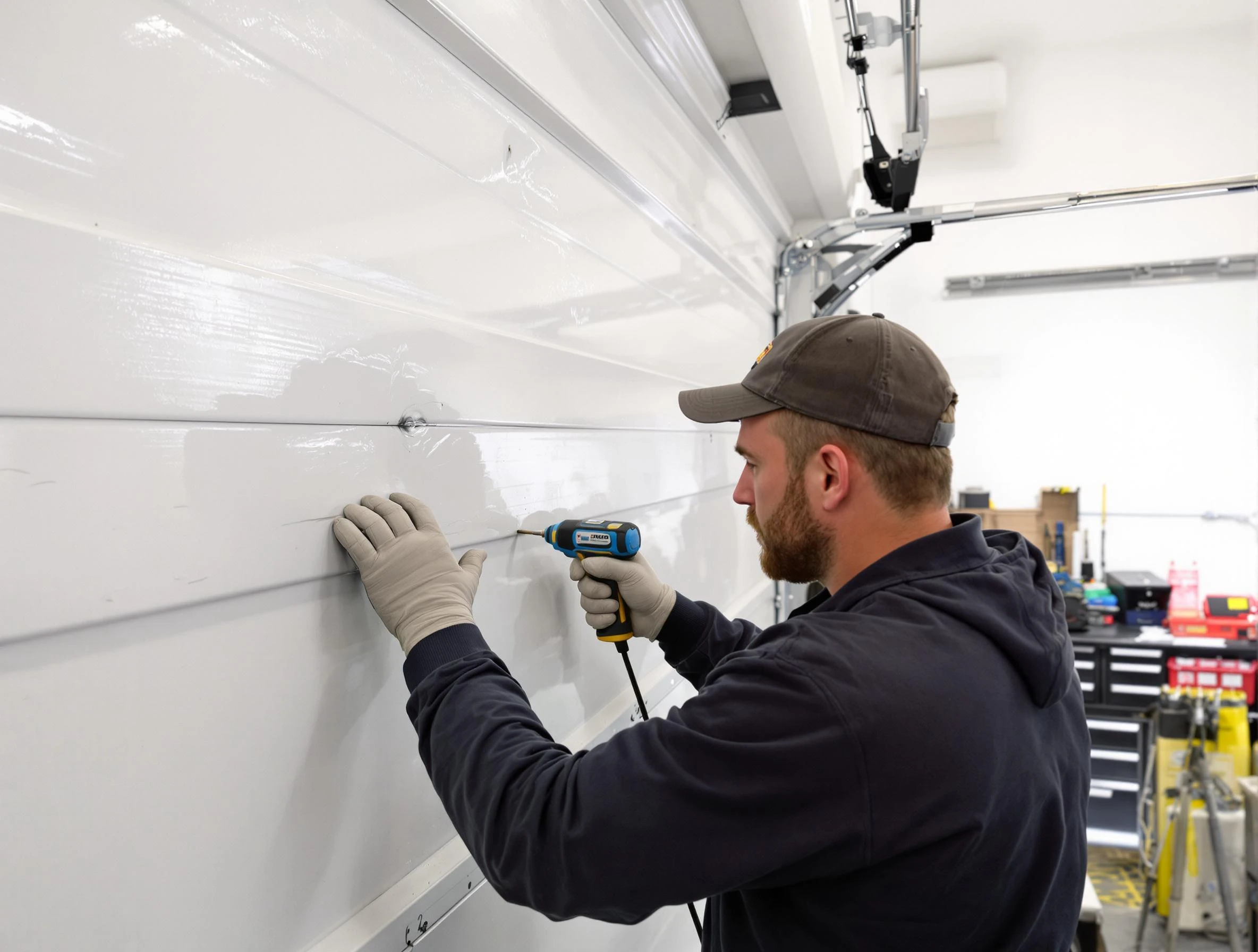 Spanish Fork Garage Door Repair technician demonstrating precision dent removal techniques on a Spanish Fork garage door